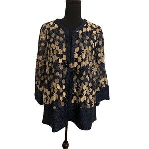Chicos Travelers Size 2 Womens Large L Jacket Navy Gold Leaf Cape Trapeze